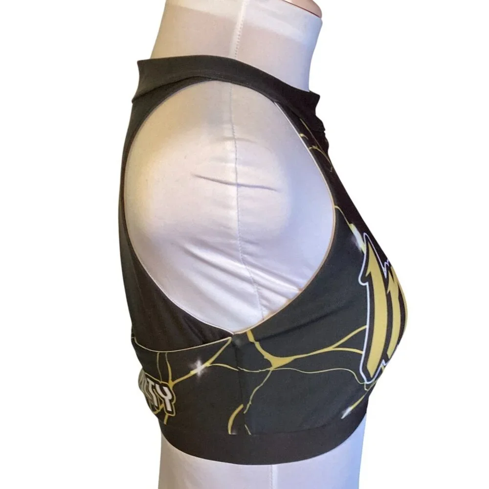 Forever Intensity Sports‎ Bra, Size Medium, Black Gold Mesh Stretchy Electric